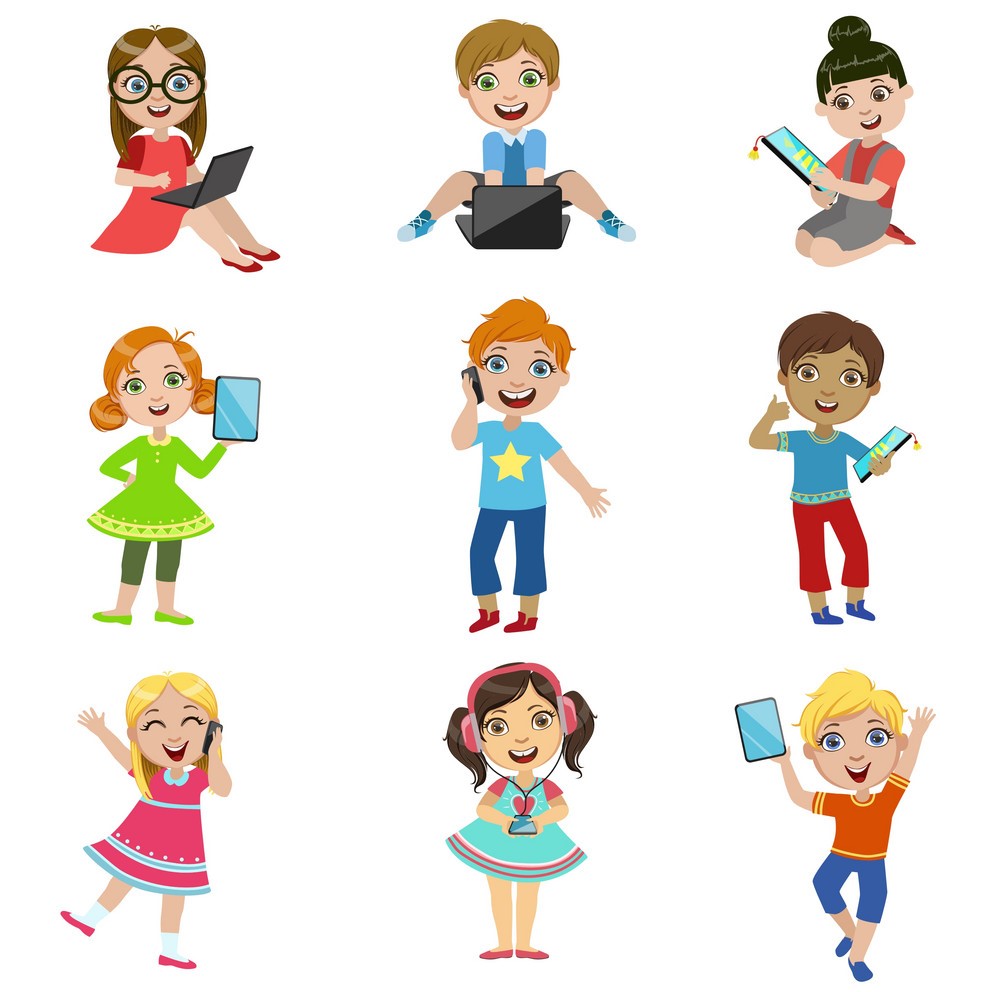 Cartoon images of children engaging in IT activities